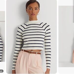 Lauren Ralph Lauren Black White Label Mock Neck Striped Cropped Sweater Medium